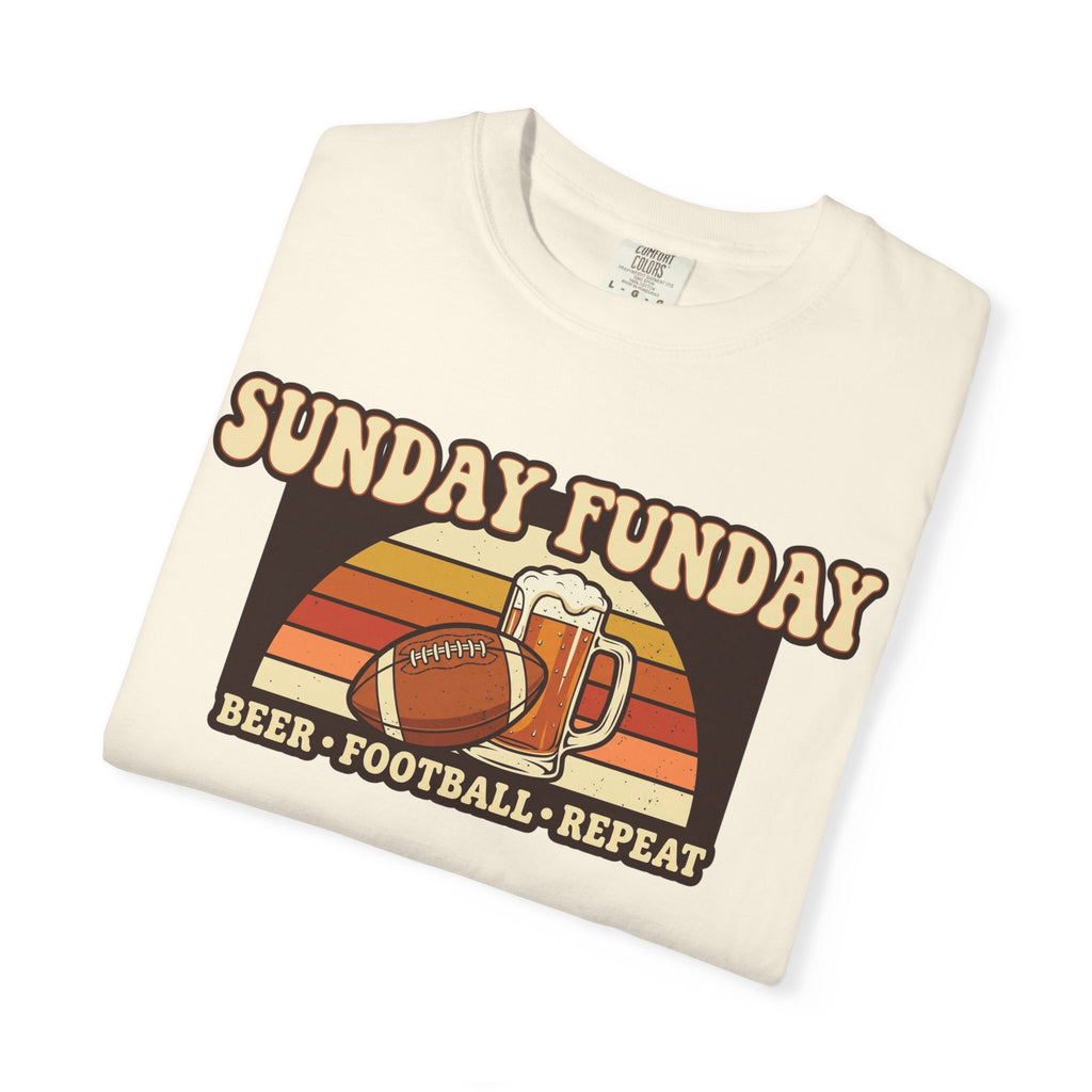 Unisex Garment-Dyed T-shirt, Sunday Funday Football Shirt, Beer Football Repeat Tee, Retro Game Day Shirt, Vintage Football Season Gift, Tailgate T-Shirt