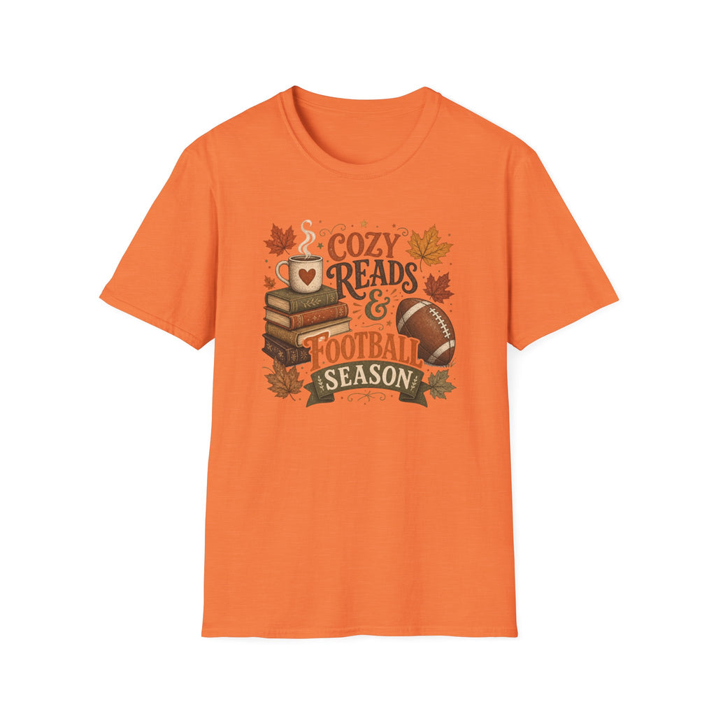 Unisex Softstyle T-Shirt, Cozy Reads and Football Season Shirt, Fall Book Lover Tee, Autumn Game Day Gift
