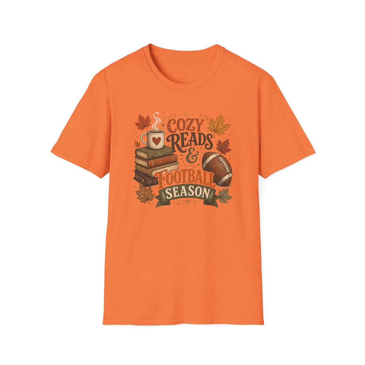 Unisex Softstyle T-Shirt, Cozy Reads and Football Season Shirt, Fall Book Lover Tee, Autumn Game Day Gift