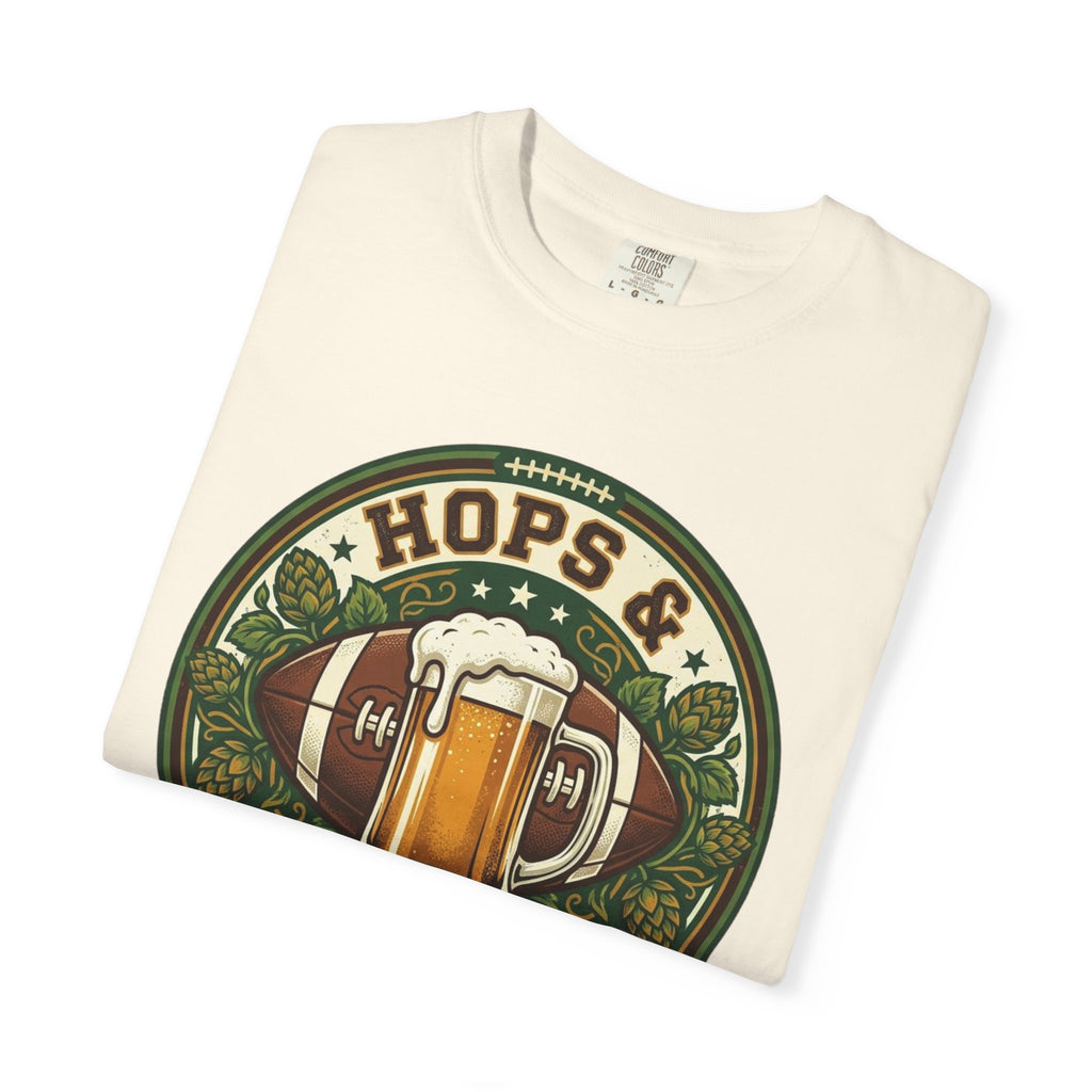 Unisex Garment-Dyed T-shirt, Hops and Hail Marys Shirt, Funny Beer Football Tee, Vintage Sports Shirt, Football Tailgate Gift, Beer Lover Football Apparel