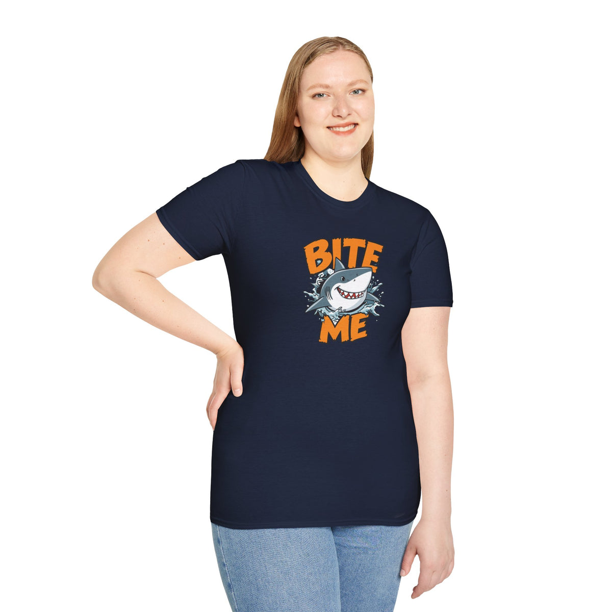 Unisex Softstyle T-Shirt,Bite Me Shark Shirt, Funny Beach Tee, Summer Ocean Shirt, Shark Lover Gift, Coastal Humor T-Shirt