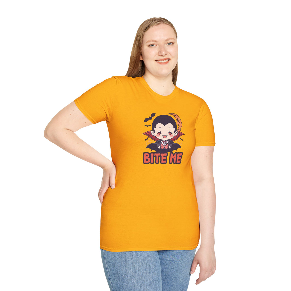 Unisex Softstyle T-Shirt,Bite Me Vampire Shirt, Cute Halloween Tee, Funny Spooky Shirt, Chibi Vampire T-Shirt, Gothic Funny Tee