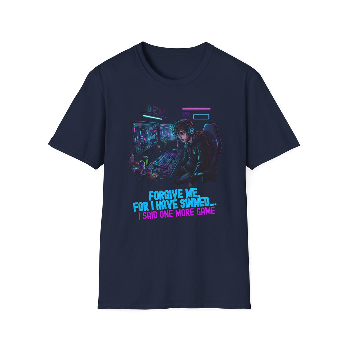 Unisex Softstyle T-Shirt, Forgive Me For I Have Sinned Gamer Shirt, One More Game Tee, Funny Gaming T-Shirt, Gamer Gift Idea, Neon Gaming Shirt