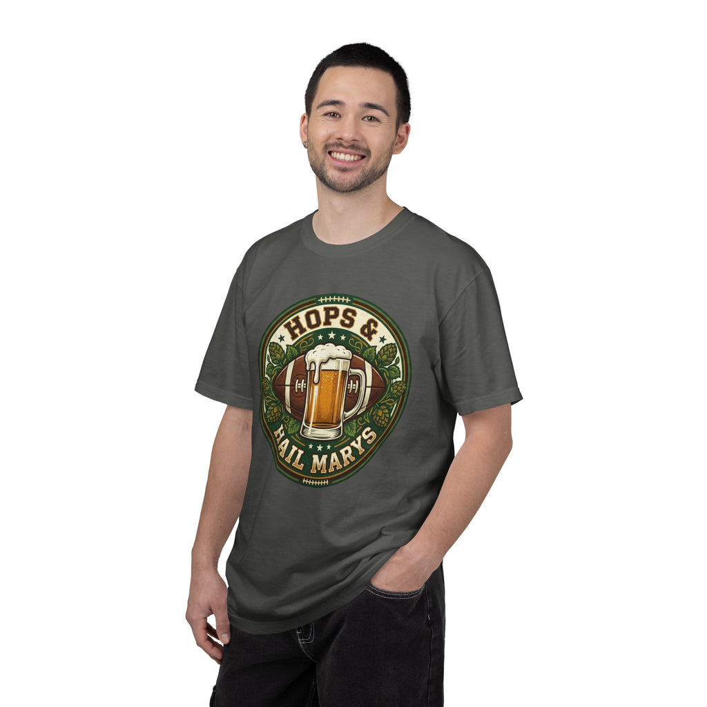 Unisex Garment-Dyed T-shirt, Hops and Hail Marys Shirt, Funny Beer Football Tee, Vintage Sports Shirt, Football Tailgate Gift, Beer Lover Football Apparel