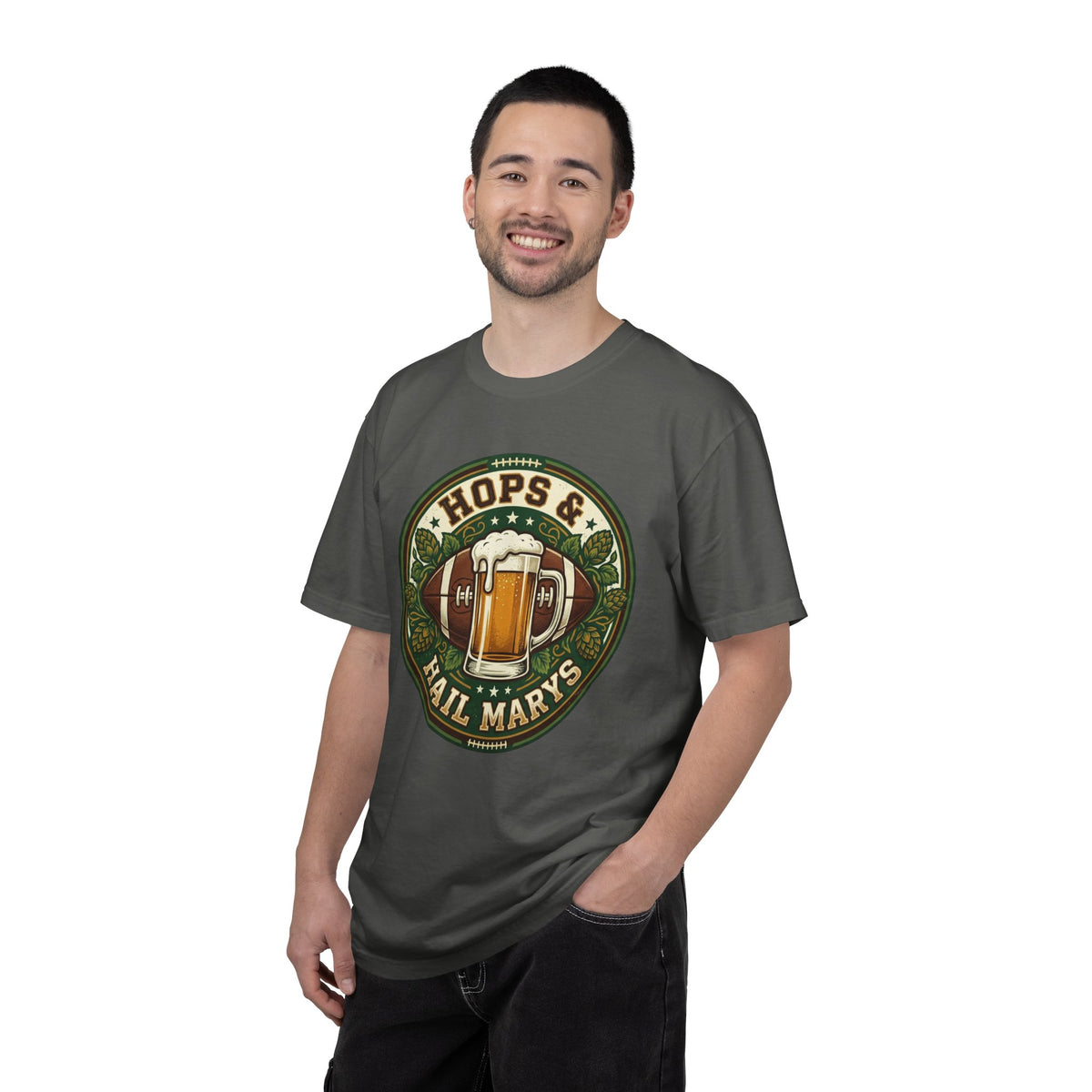 Unisex Garment-Dyed T-shirt, Hops and Hail Marys Shirt, Funny Beer Football Tee, Vintage Sports Shirt, Football Tailgate Gift, Beer Lover Football Apparel