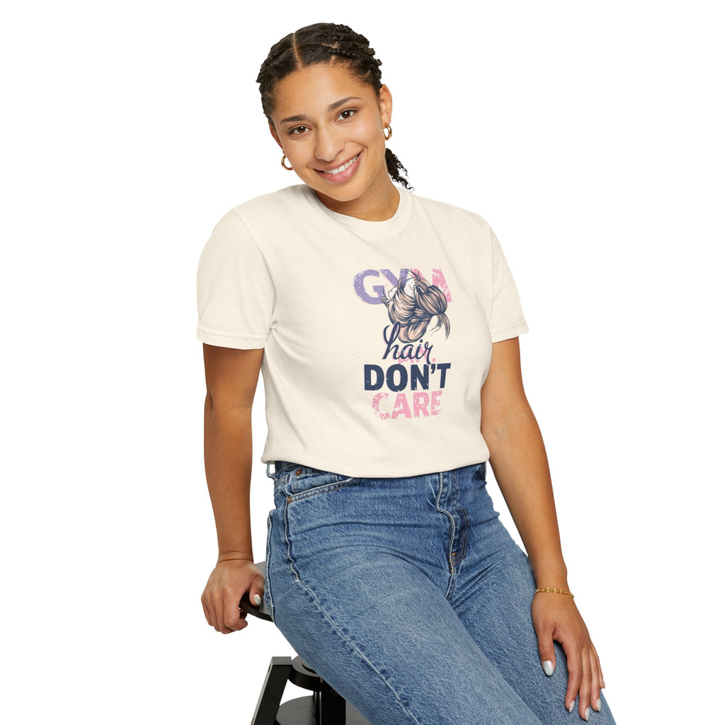 Unisex Garment-Dyed T-shirt,Gym Hair Don’t Care Shirt, Cute Workout Shirt Women, Funny Gym Tee, Messy Bun Fitness Shirt, Comfort Colors Women Gym