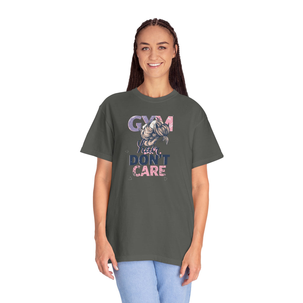 Unisex Garment-Dyed T-shirt,Gym Hair Don’t Care Shirt, Cute Workout Shirt Women, Funny Gym Tee, Messy Bun Fitness Shirt, Comfort Colors Women Gym