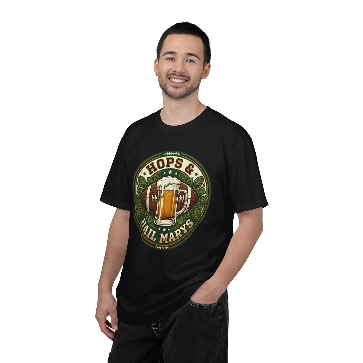 Unisex Garment-Dyed T-shirt, Hops and Hail Marys Shirt, Funny Beer Football Tee, Vintage Sports Shirt, Football Tailgate Gift, Beer Lover Football Apparel