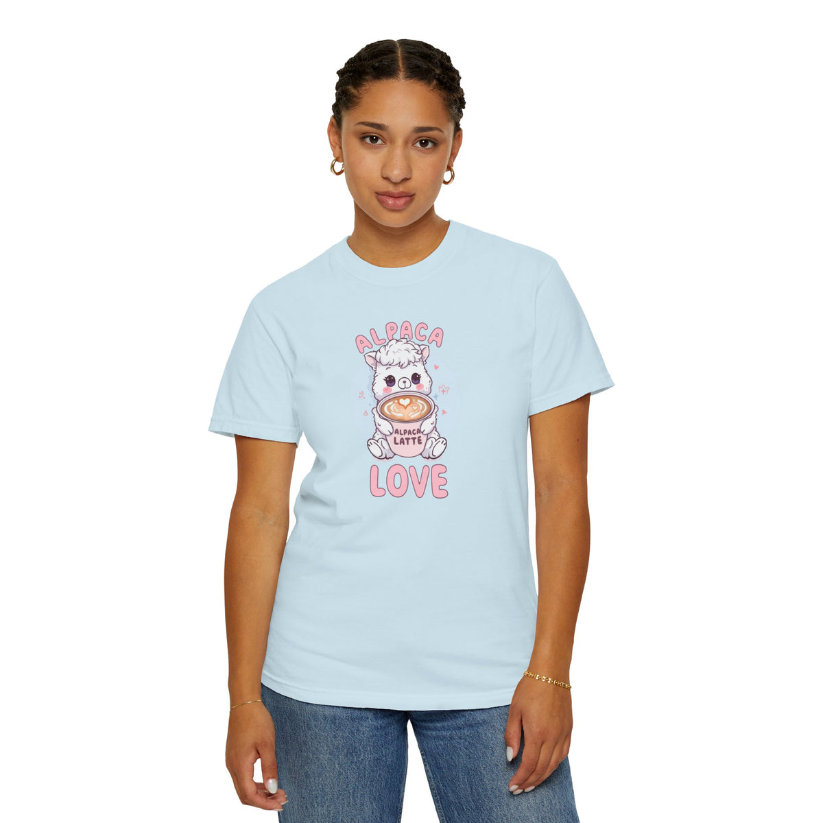 Unisex Garment-Dyed T-shirt, Alpaca Latte Love Shirt, Cute Coffee Lover Tee, Kawaii Alpaca Gift, Aesthetic Barista Shirt, Sweet Animal Graphic Tee