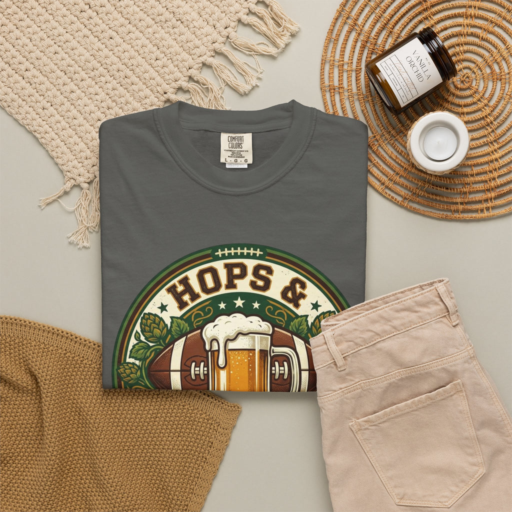 Unisex Garment-Dyed T-shirt, Hops and Hail Marys Shirt, Funny Beer Football Tee, Vintage Sports Shirt, Football Tailgate Gift, Beer Lover Football Apparel