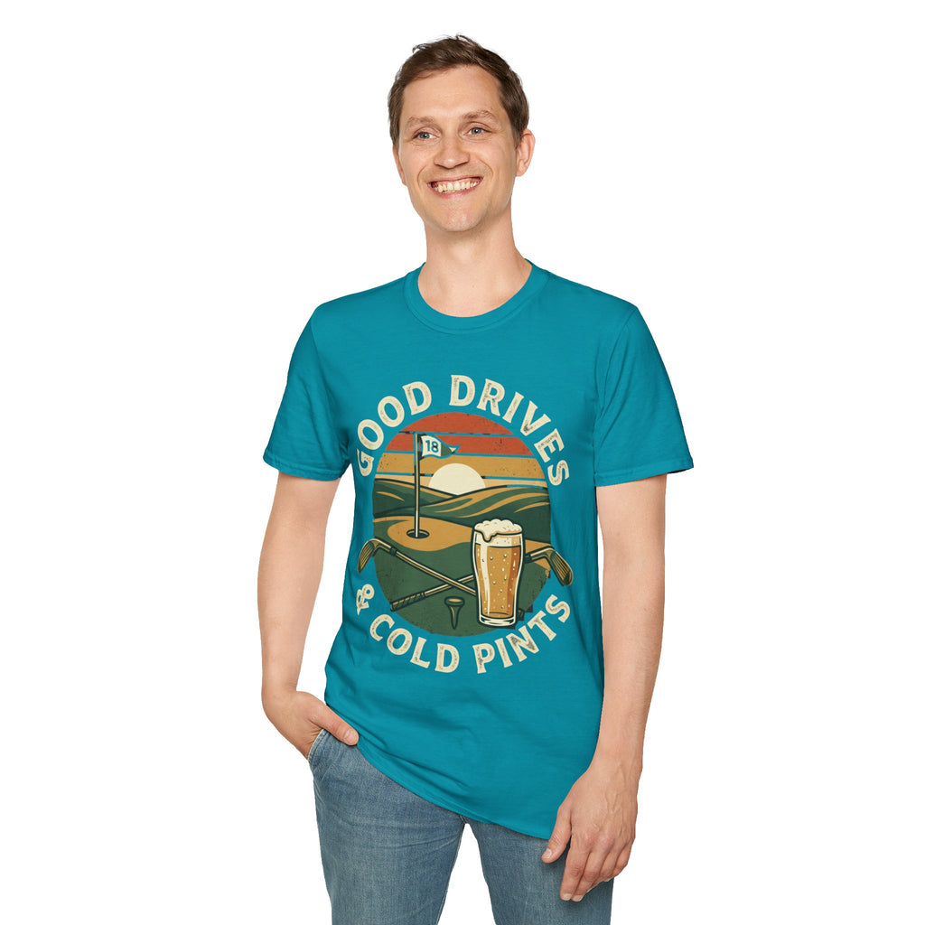 Unisex Softstyle T-Shirt, Good Drives and Cold Pints Shirt, Vintage Golf Beer T-Shirt, Golf Trip Gift
