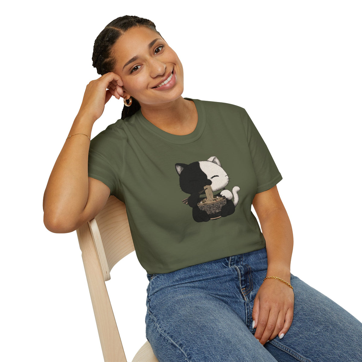 Unisex Softstyle T-Shirt, Cat eating Ramen