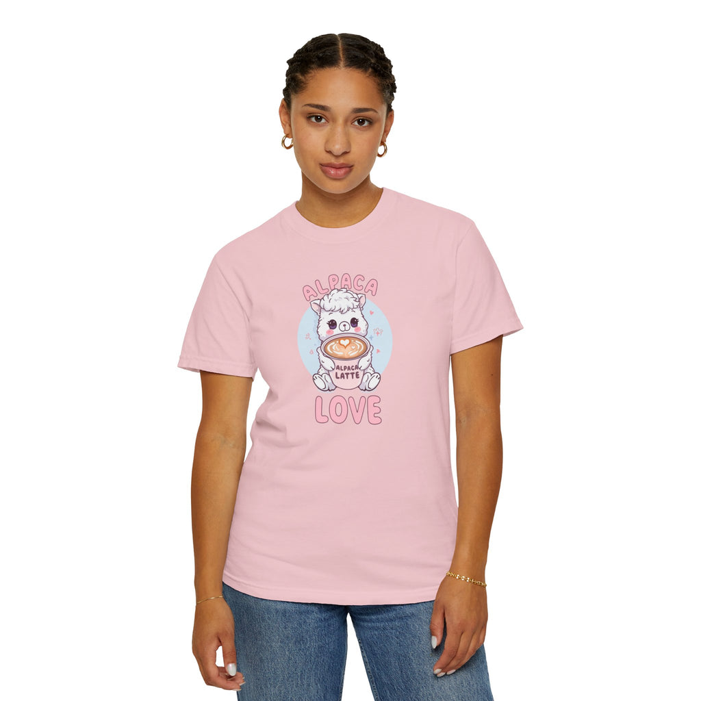 Unisex Garment-Dyed T-shirt, Alpaca Latte Love Shirt, Cute Coffee Lover Tee, Kawaii Alpaca Gift, Aesthetic Barista Shirt, Sweet Animal Graphic Tee