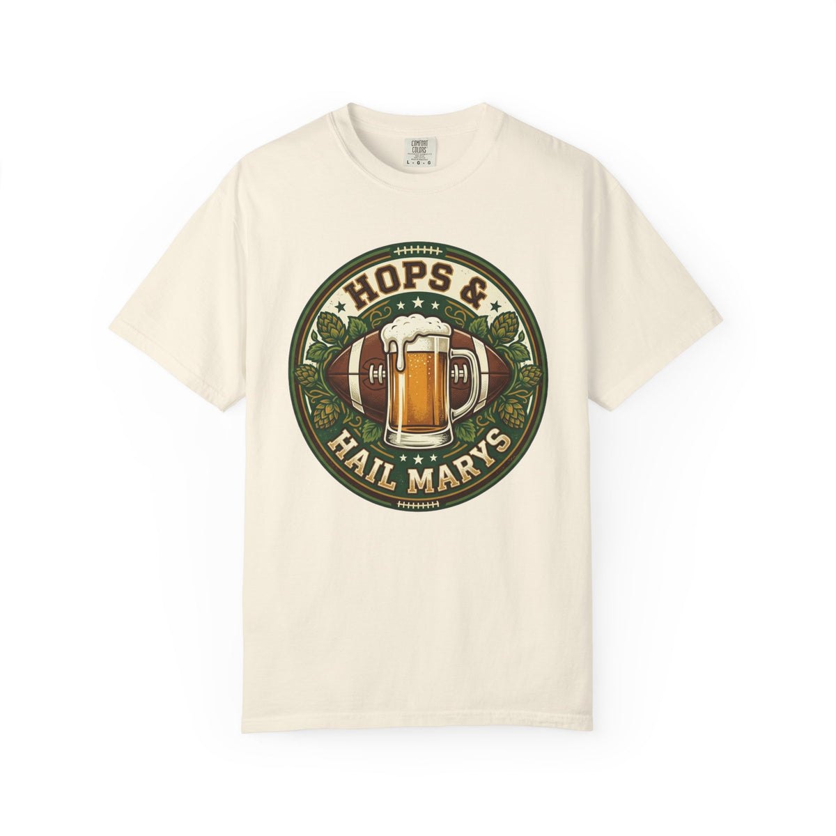 Unisex Garment-Dyed T-shirt, Hops and Hail Marys Shirt, Funny Beer Football Tee, Vintage Sports Shirt, Football Tailgate Gift, Beer Lover Football Apparel