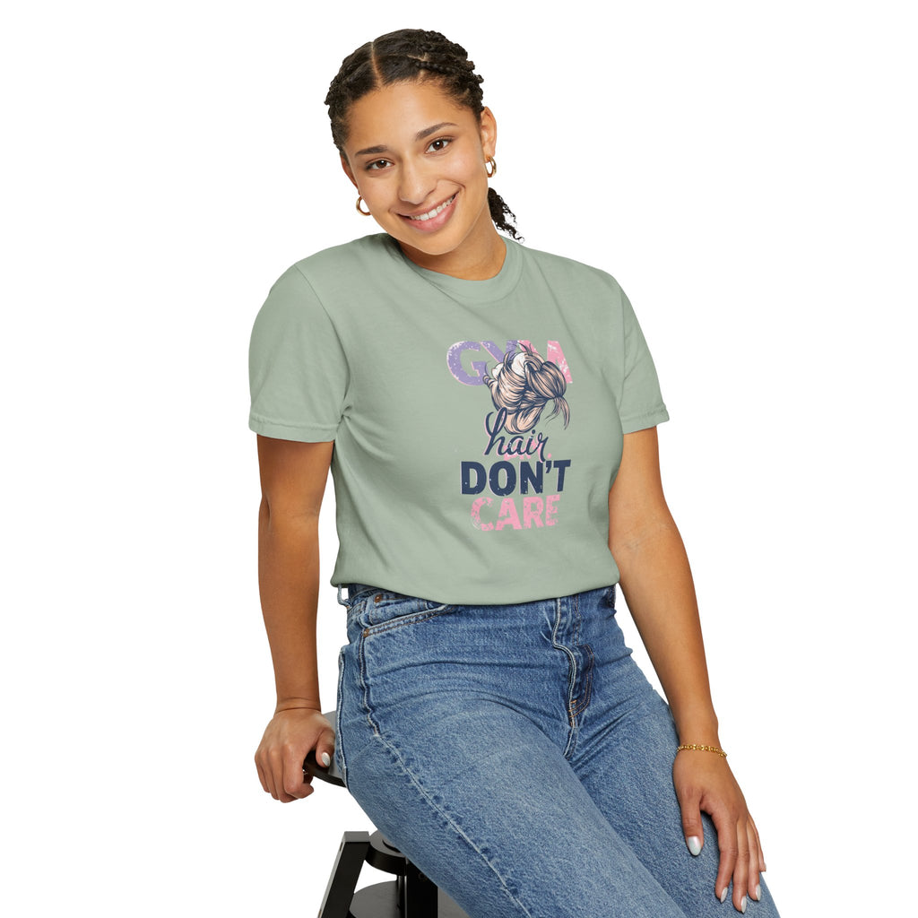 Unisex Garment-Dyed T-shirt,Gym Hair Don’t Care Shirt, Cute Workout Shirt Women, Funny Gym Tee, Messy Bun Fitness Shirt, Comfort Colors Women Gym