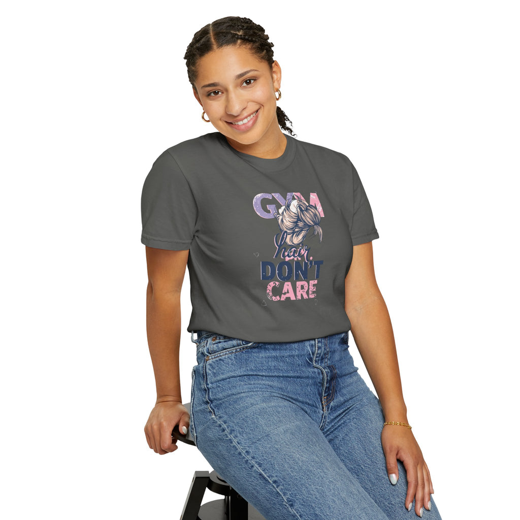 Unisex Garment-Dyed T-shirt,Gym Hair Don’t Care Shirt, Cute Workout Shirt Women, Funny Gym Tee, Messy Bun Fitness Shirt, Comfort Colors Women Gym