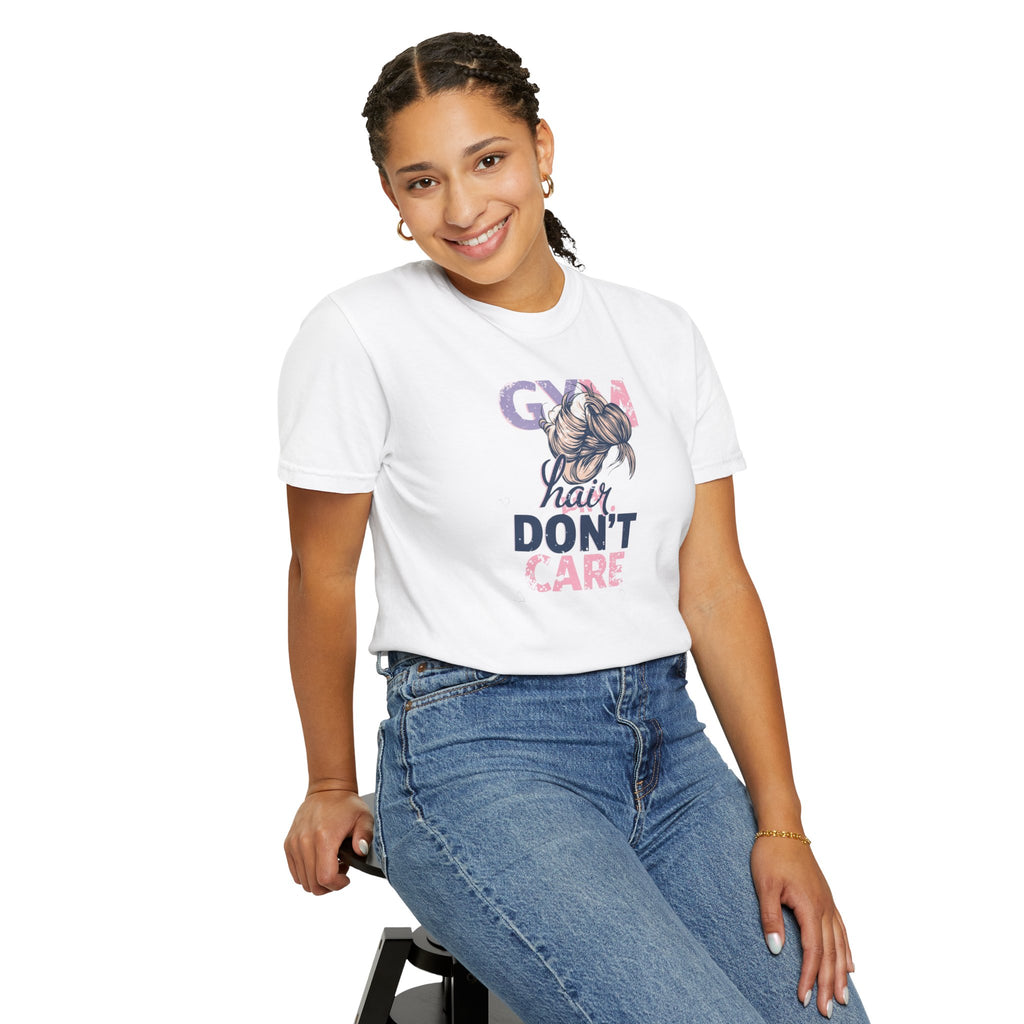 Unisex Garment-Dyed T-shirt,Gym Hair Don’t Care Shirt, Cute Workout Shirt Women, Funny Gym Tee, Messy Bun Fitness Shirt, Comfort Colors Women Gym