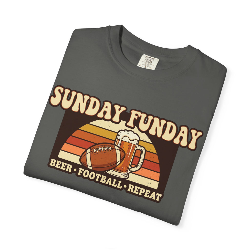 Unisex Garment-Dyed T-shirt, Sunday Funday Football Shirt, Beer Football Repeat Tee, Retro Game Day Shirt, Vintage Football Season Gift, Tailgate T-Shirt