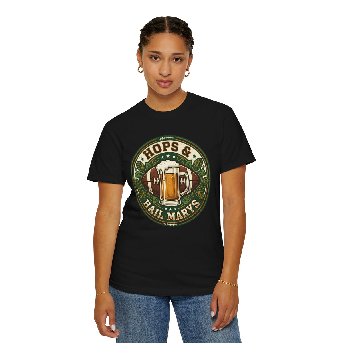 Unisex Garment-Dyed T-shirt, Hops and Hail Marys Shirt, Funny Beer Football Tee, Vintage Sports Shirt, Football Tailgate Gift, Beer Lover Football Apparel