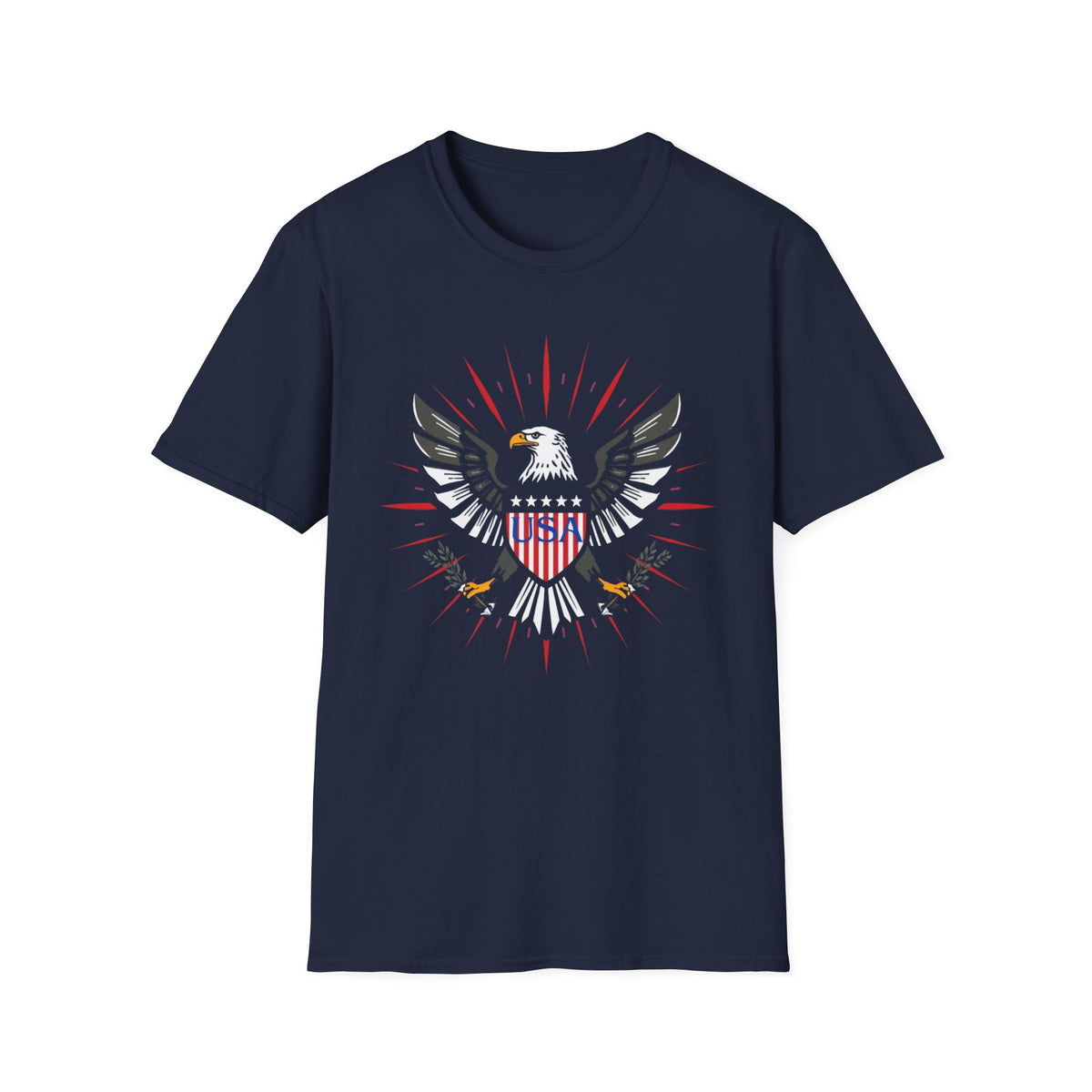 Unisex Softstyle T-Shirt, bold vector emblem, eagle crest, shield badge, patriotic colors, fireworks rays, clean lines, symmetrical design