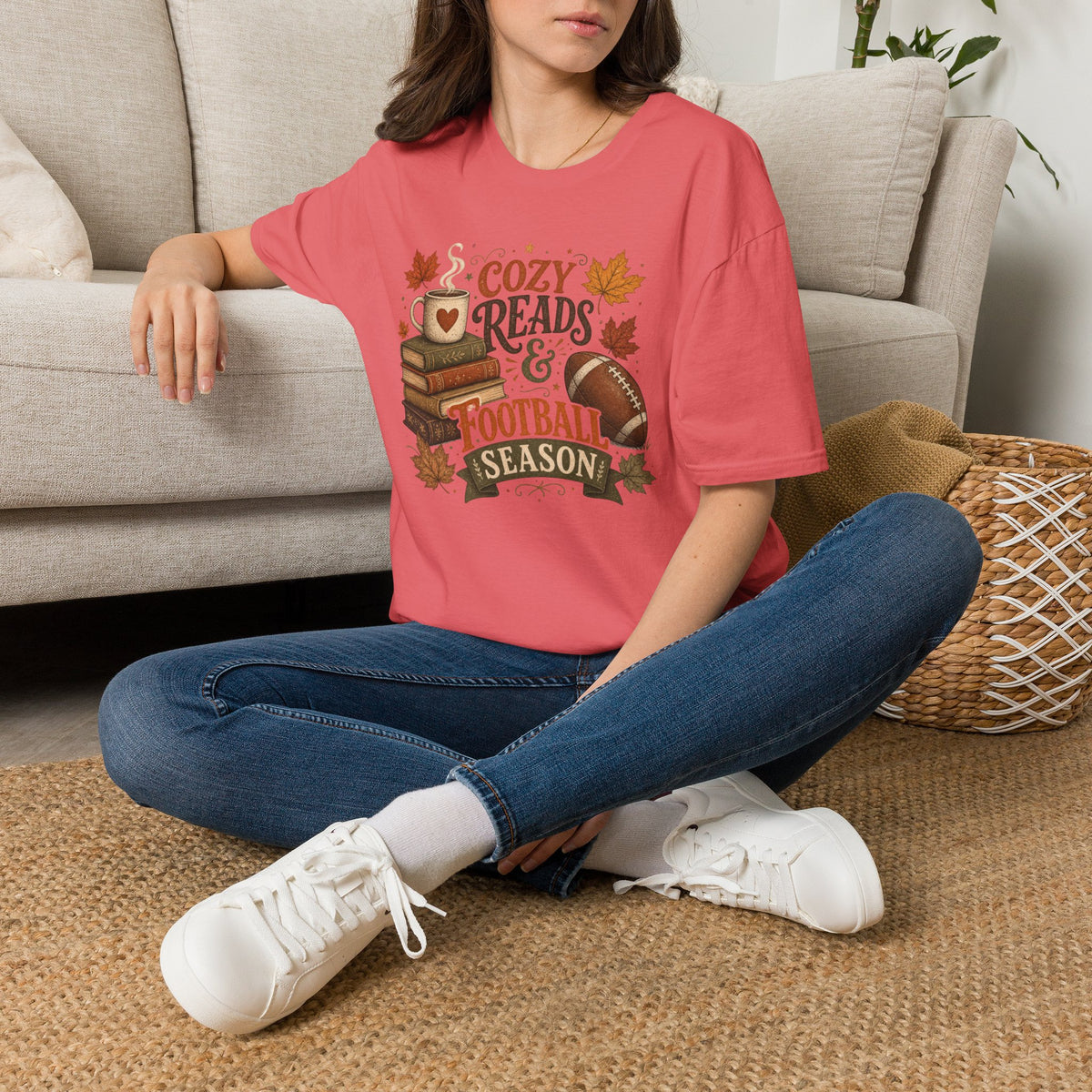 Unisex Softstyle T-Shirt, Cozy Reads and Football Season Shirt, Fall Book Lover Tee, Autumn Game Day Gift