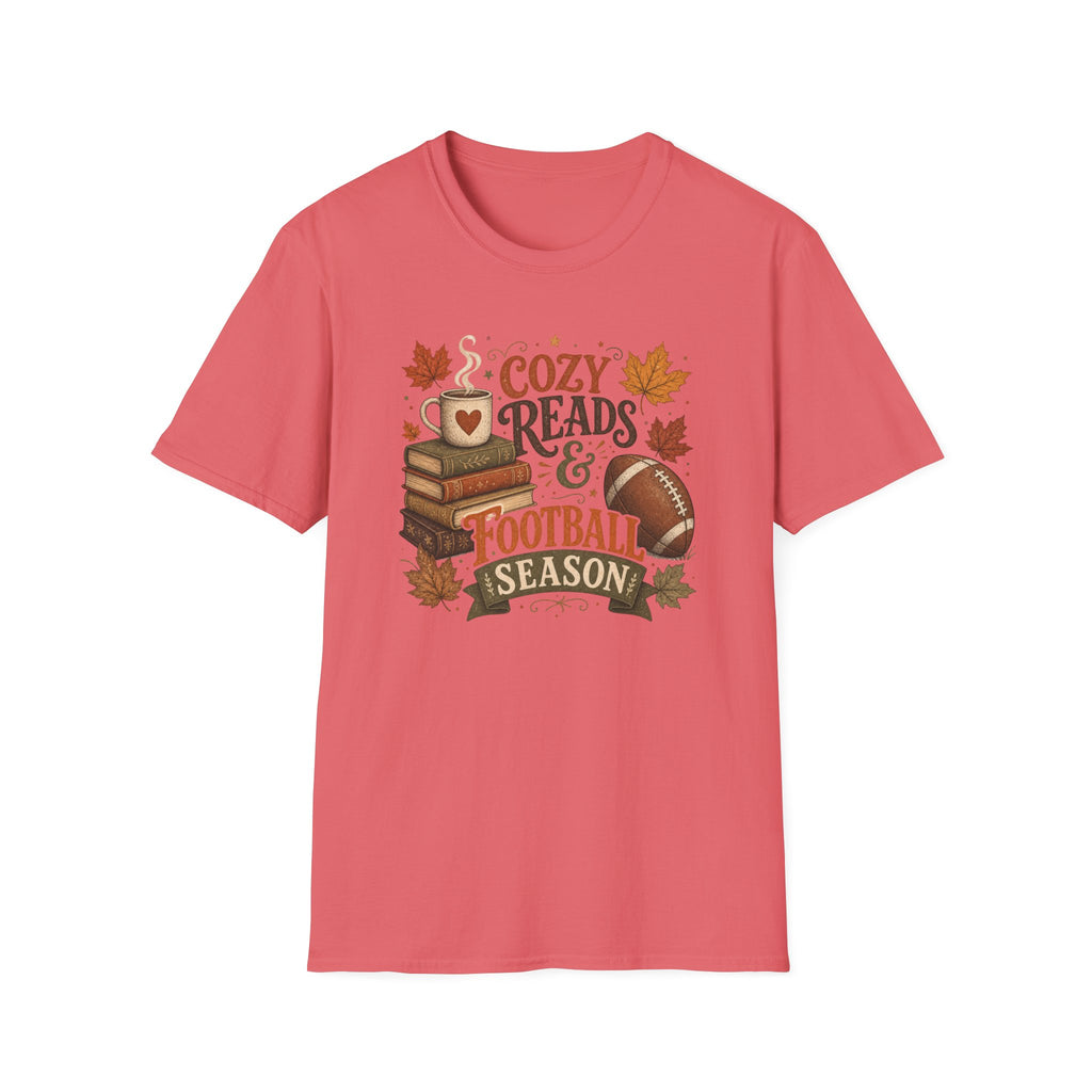 Unisex Softstyle T-Shirt, Cozy Reads and Football Season Shirt, Fall Book Lover Tee, Autumn Game Day Gift