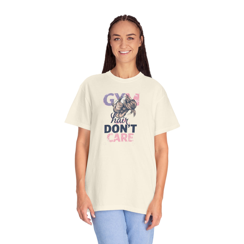 Unisex Garment-Dyed T-shirt,Gym Hair Don’t Care Shirt, Cute Workout Shirt Women, Funny Gym Tee, Messy Bun Fitness Shirt, Comfort Colors Women Gym