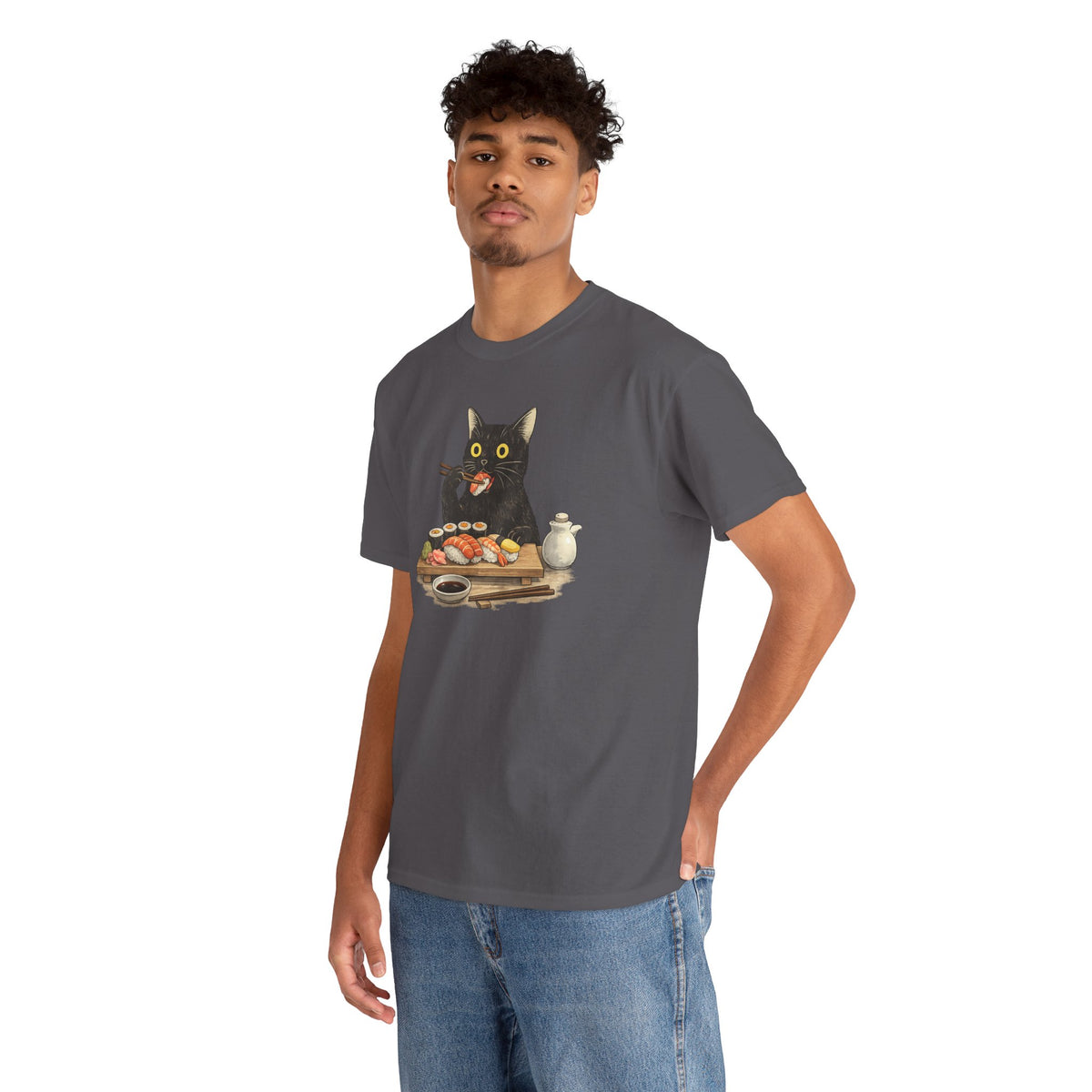 Unisex Heavy Cotton Tee, cat eating sushi