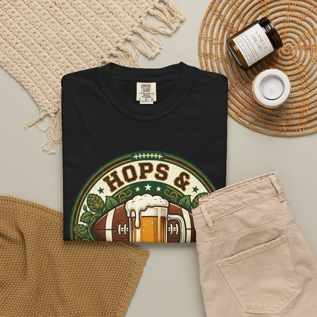 Unisex Garment-Dyed T-shirt, Hops and Hail Marys Shirt, Funny Beer Football Tee, Vintage Sports Shirt, Football Tailgate Gift, Beer Lover Football Apparel