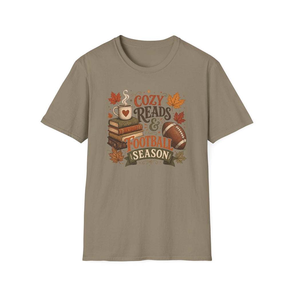 Unisex Softstyle T-Shirt, Cozy Reads and Football Season Shirt, Fall Book Lover Tee, Autumn Game Day Gift