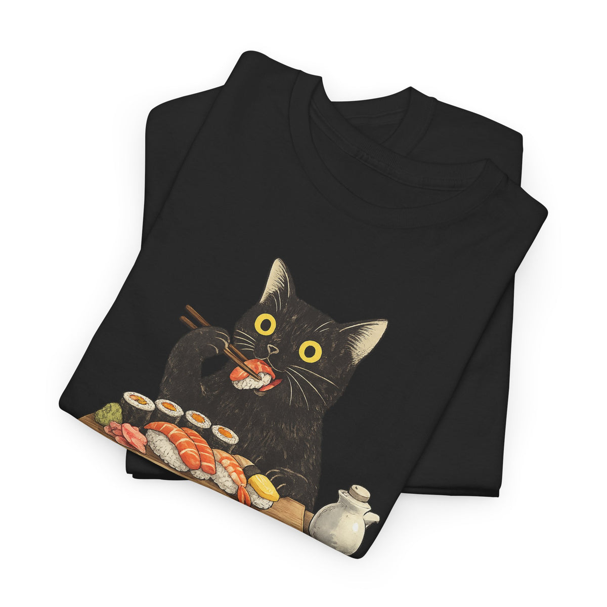 Unisex Heavy Cotton Tee, cat eating sushi