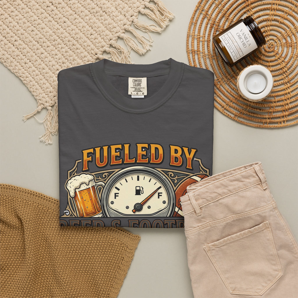 Unisex Garment-Dyed T-shirt,Fueled by Beer and Football Shirt, Funny Game Day Tee, Football Beer Lover Gift, Vintage Tailgate Shirt, Sports Fan T-Shirt