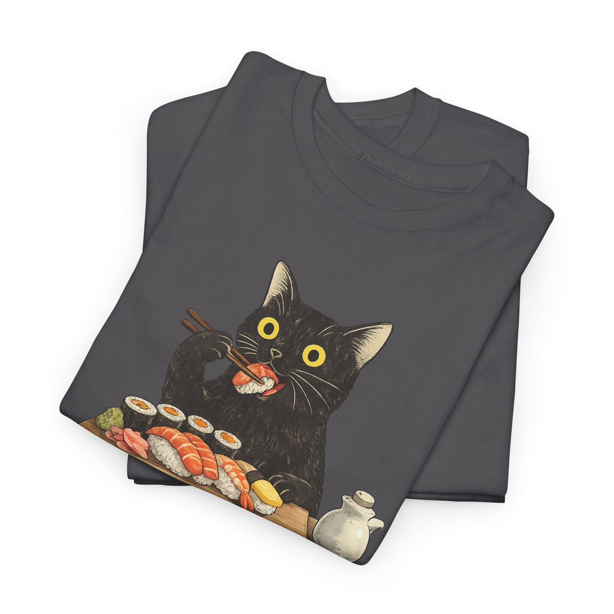 Unisex Heavy Cotton Tee, cat eating sushi