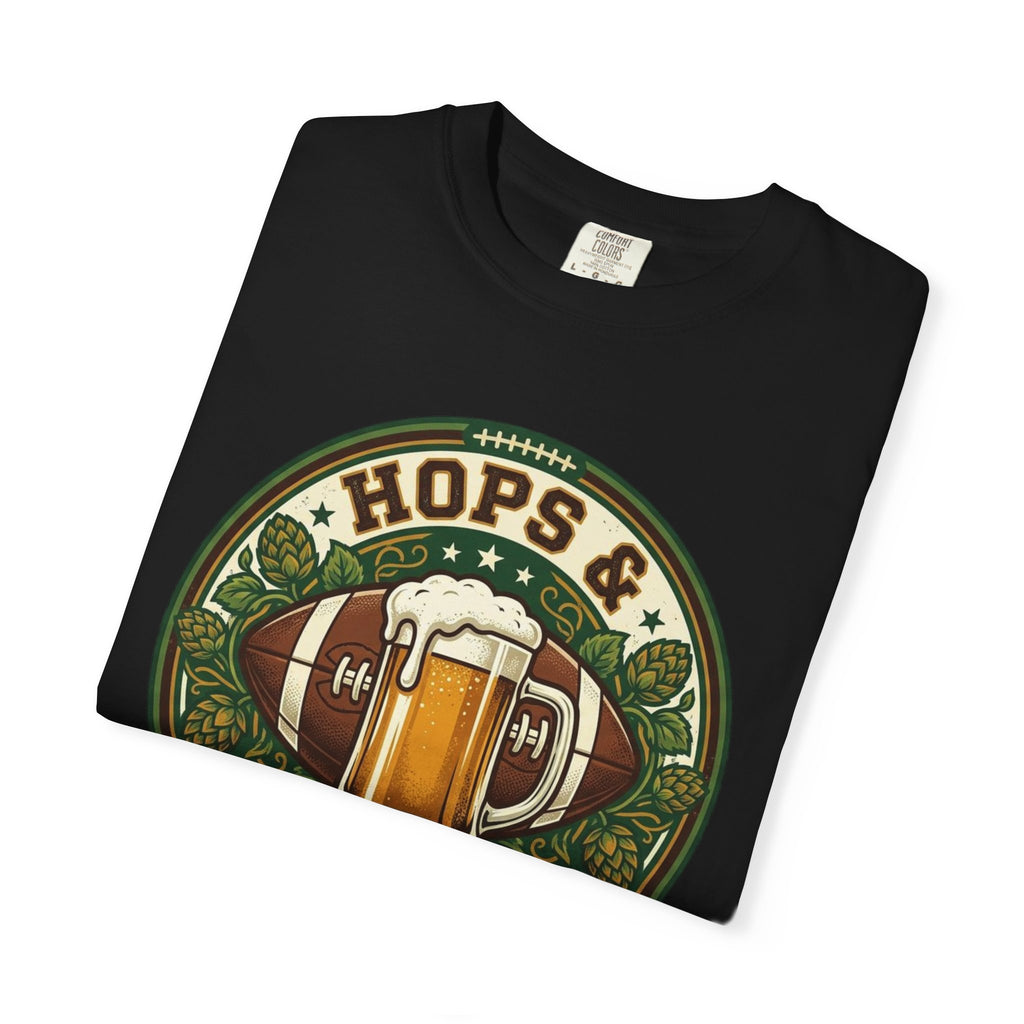 Unisex Garment-Dyed T-shirt, Hops and Hail Marys Shirt, Funny Beer Football Tee, Vintage Sports Shirt, Football Tailgate Gift, Beer Lover Football Apparel