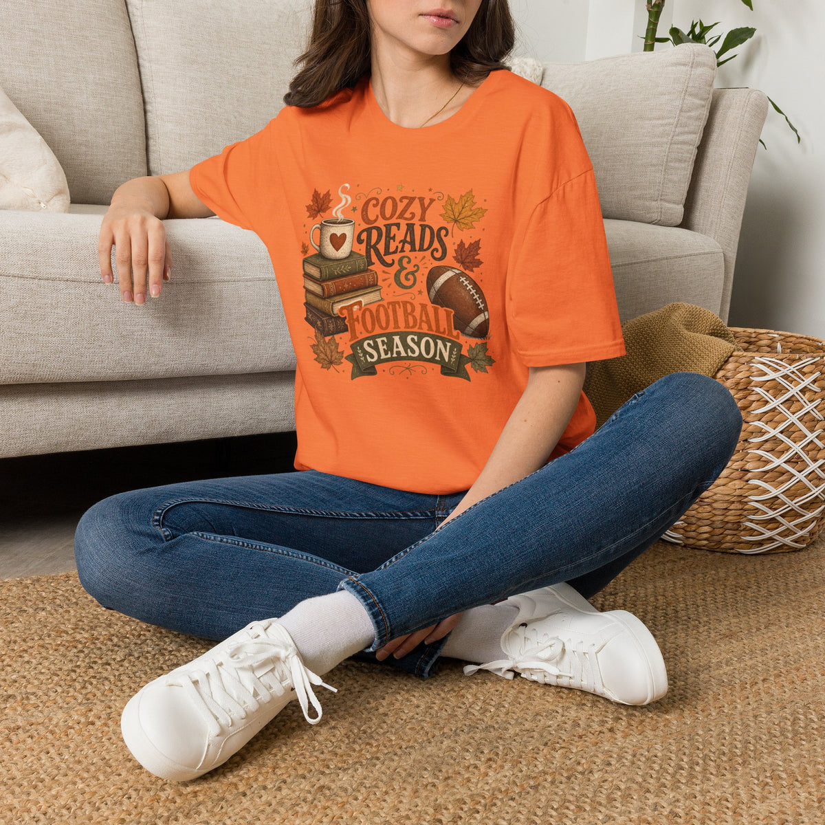 Unisex Softstyle T-Shirt, Cozy Reads and Football Season Shirt, Fall Book Lover Tee, Autumn Game Day Gift
