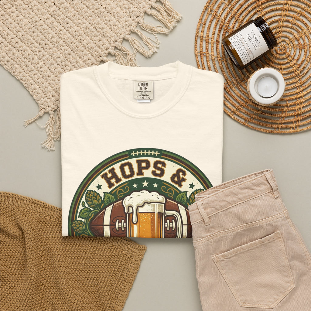 Unisex Garment-Dyed T-shirt, Hops and Hail Marys Shirt, Funny Beer Football Tee, Vintage Sports Shirt, Football Tailgate Gift, Beer Lover Football Apparel
