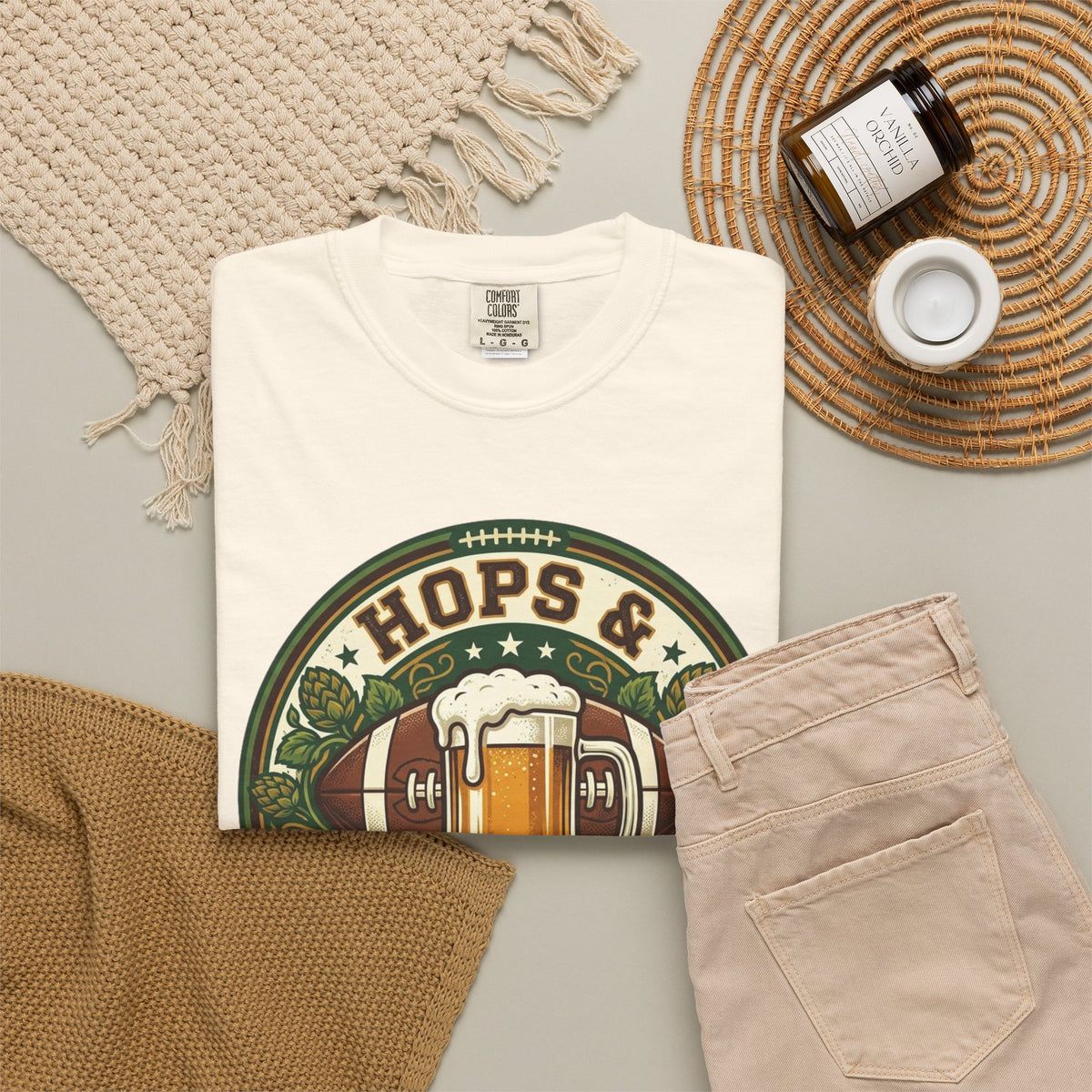 Unisex Garment-Dyed T-shirt, Hops and Hail Marys Shirt, Funny Beer Football Tee, Vintage Sports Shirt, Football Tailgate Gift, Beer Lover Football Apparel