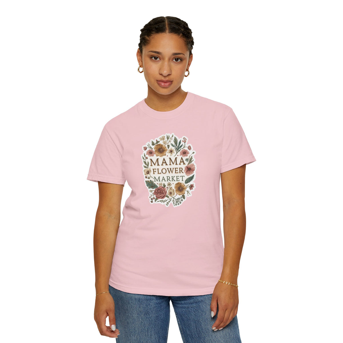 Unisex Garment-Dyed T-shirt, Mama Flower Market Shirt, Floral Mom Tee, Cottagecore Mom Shirt