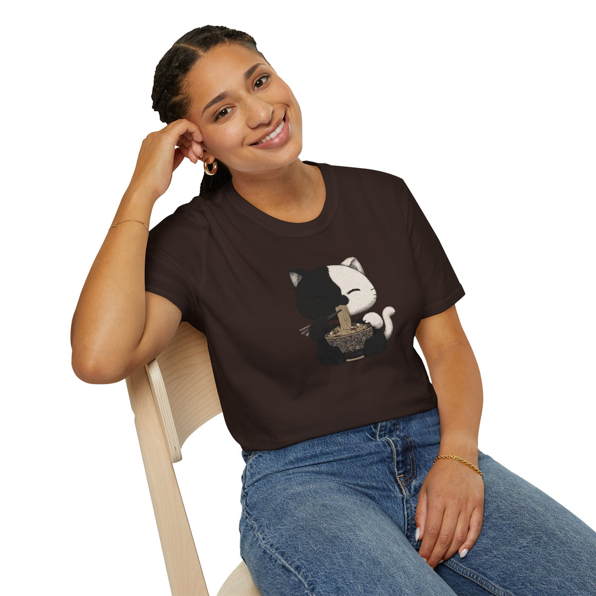 Unisex Softstyle T-Shirt, Cat eating Ramen