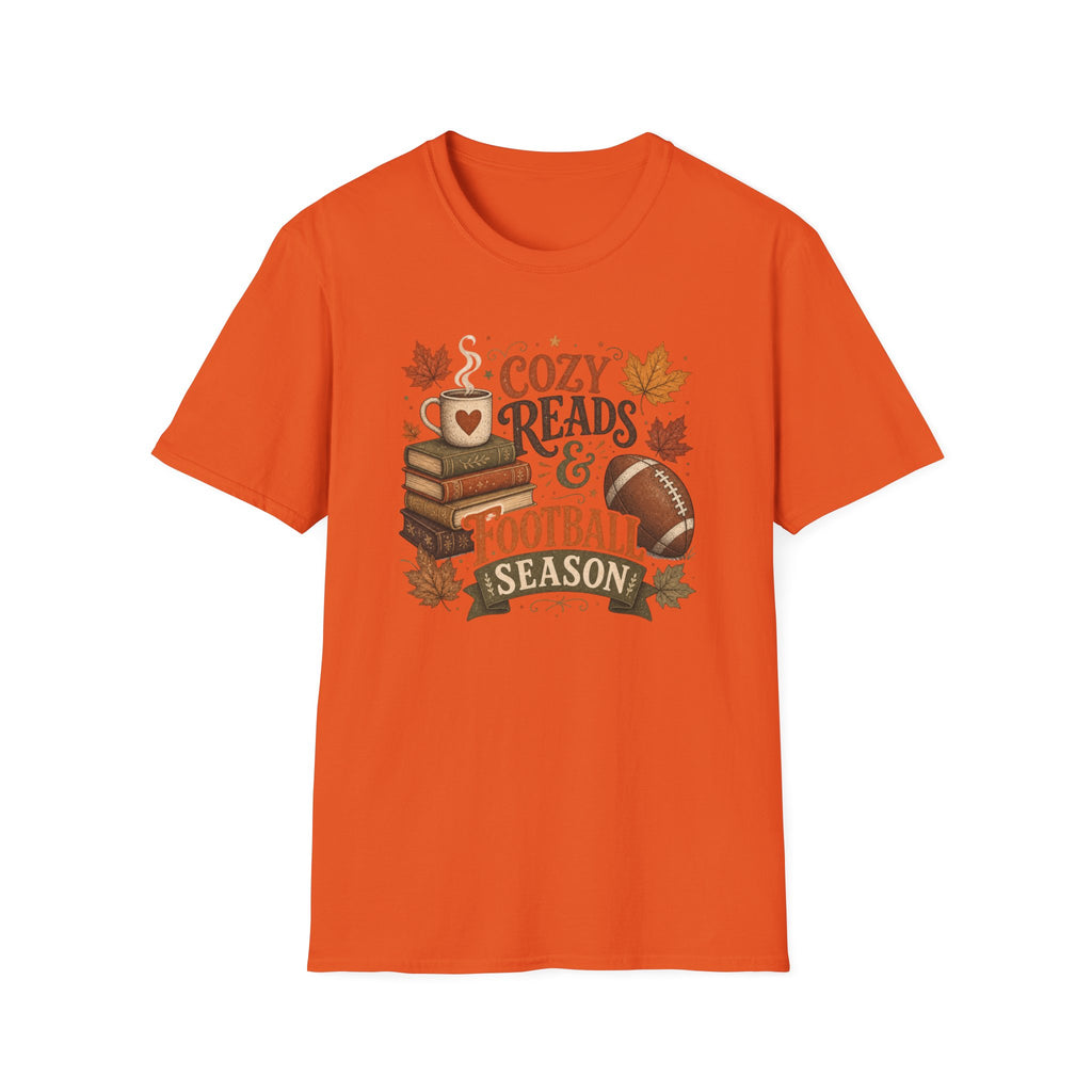 Unisex Softstyle T-Shirt, Cozy Reads and Football Season Shirt, Fall Book Lover Tee, Autumn Game Day Gift
