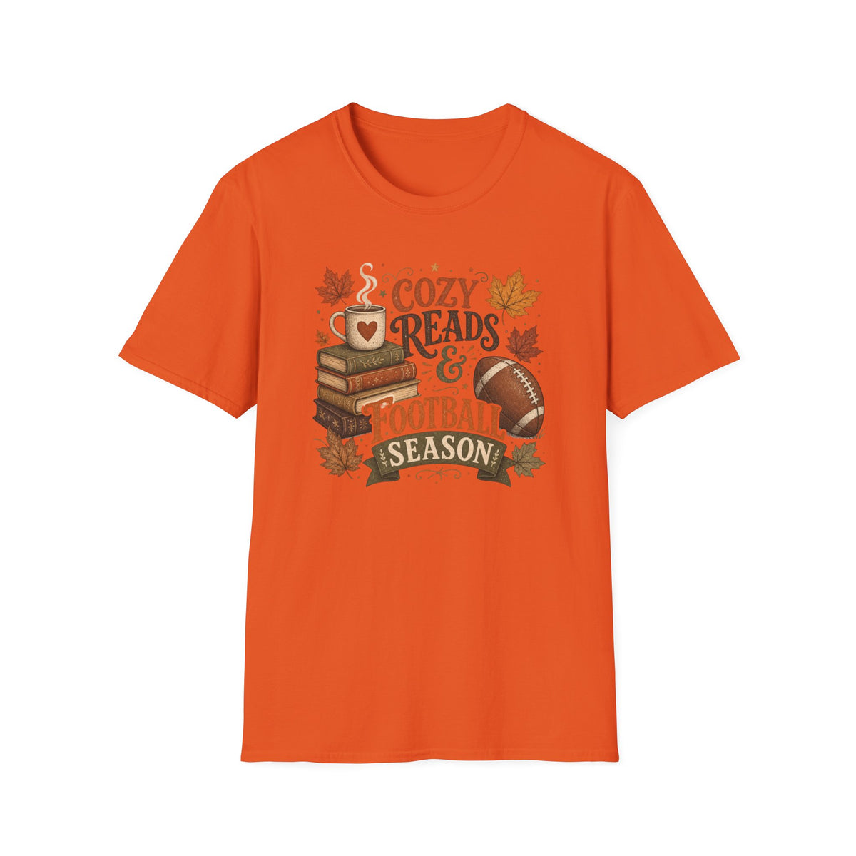 Unisex Softstyle T-Shirt, Cozy Reads and Football Season Shirt, Fall Book Lover Tee, Autumn Game Day Gift