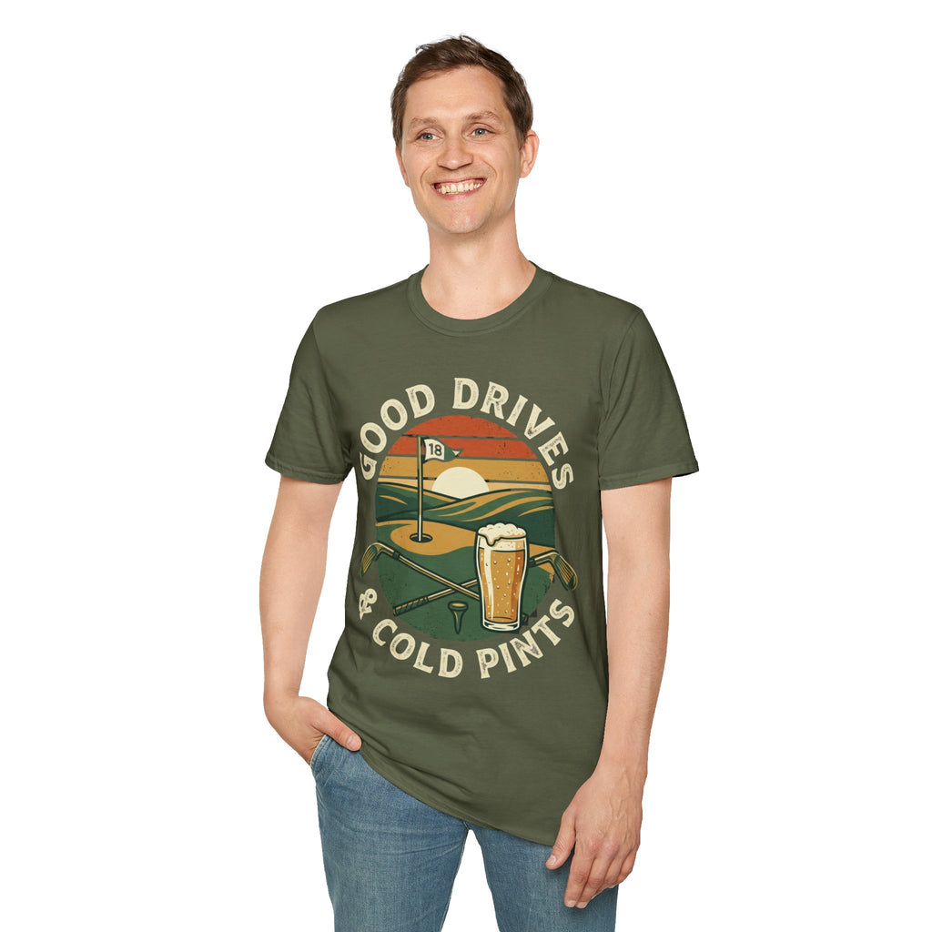 Unisex Softstyle T-Shirt, Good Drives and Cold Pints Shirt, Vintage Golf Beer T-Shirt, Golf Trip Gift