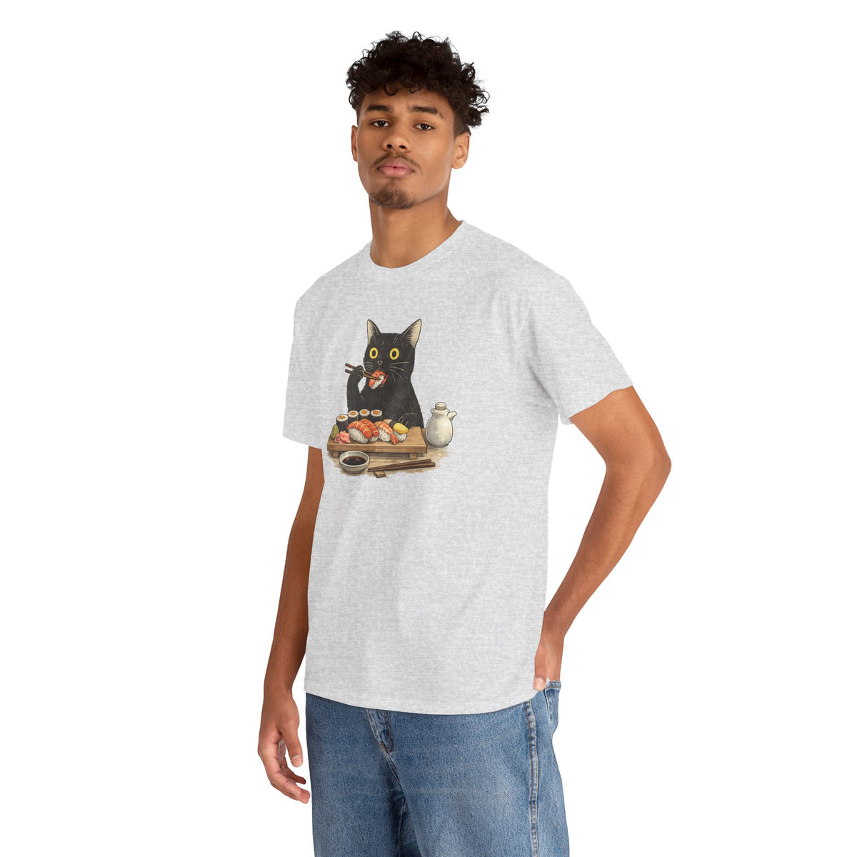 Unisex Heavy Cotton Tee, cat eating sushi