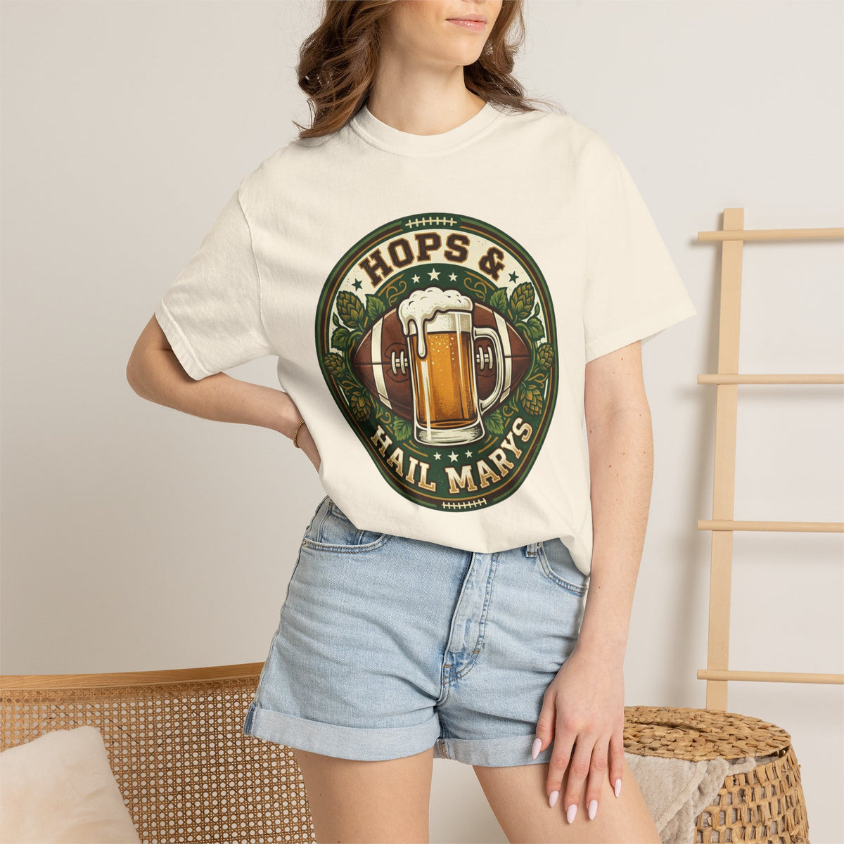 Unisex Garment-Dyed T-shirt, Hops and Hail Marys Shirt, Funny Beer Football Tee, Vintage Sports Shirt, Football Tailgate Gift, Beer Lover Football Apparel