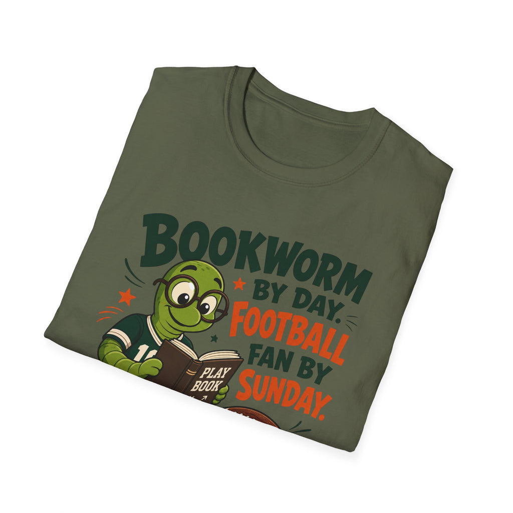Unisex Softstyle T-Shirt, Bookworm by Day Football Fan by Sunday Shirt, Funny Reader Gift, Football Season Tee