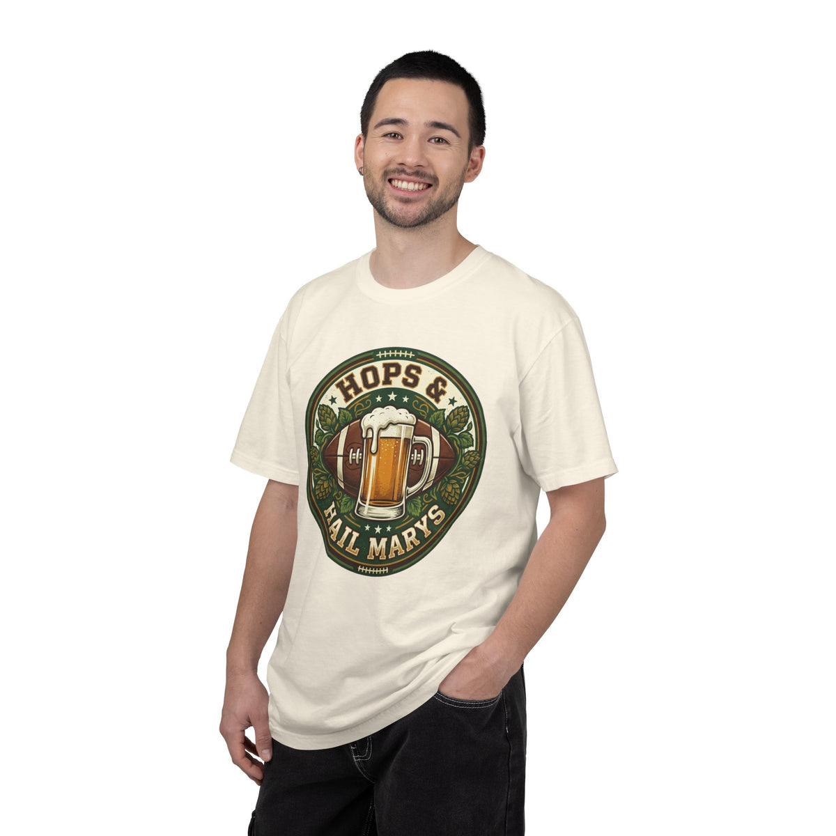 Unisex Garment-Dyed T-shirt, Hops and Hail Marys Shirt, Funny Beer Football Tee, Vintage Sports Shirt, Football Tailgate Gift, Beer Lover Football Apparel