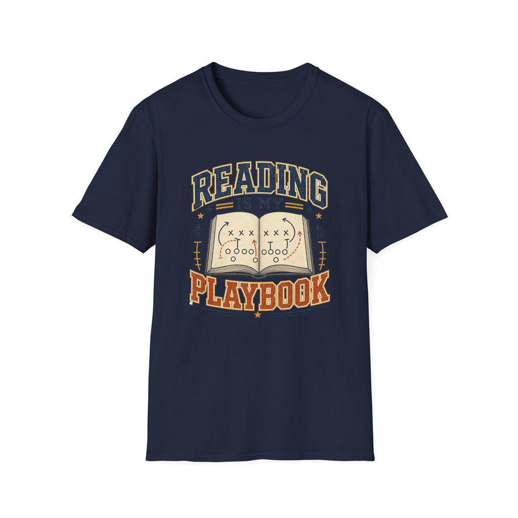 Unisex Softstyle T-Shirt, Reading Is My Playbook Shirt, Varsity Book Lover Tee, Football Coach and Reader Gift