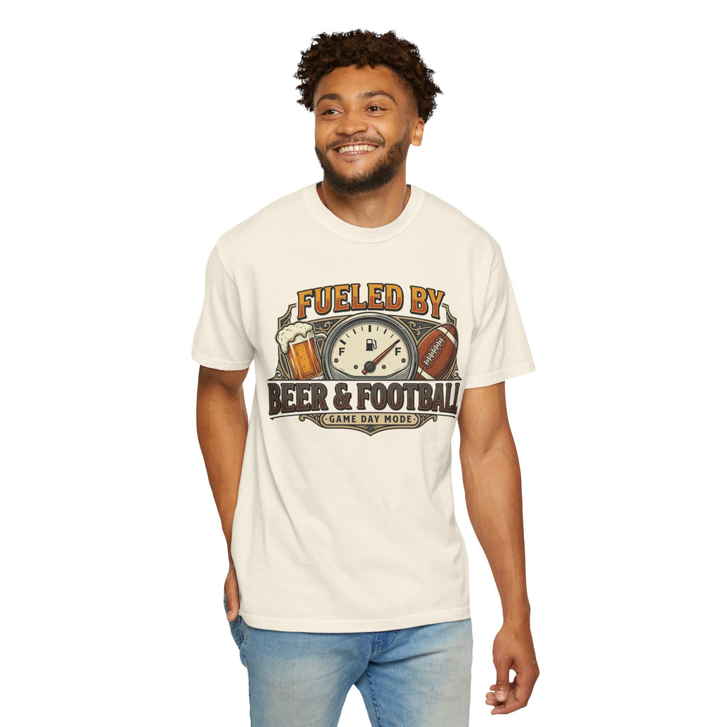 Unisex Garment-Dyed T-shirt,Fueled by Beer and Football Shirt, Funny Game Day Tee, Football Beer Lover Gift, Vintage Tailgate Shirt, Sports Fan T-Shirt