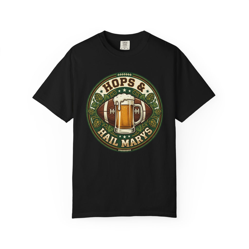 Unisex Garment-Dyed T-shirt, Hops and Hail Marys Shirt, Funny Beer Football Tee, Vintage Sports Shirt, Football Tailgate Gift, Beer Lover Football Apparel
