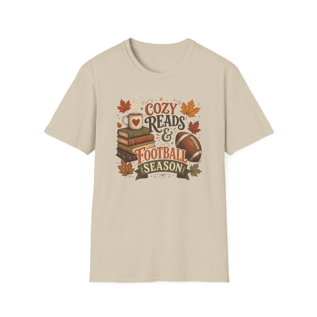 Unisex Softstyle T-Shirt, Cozy Reads and Football Season Shirt, Fall Book Lover Tee, Autumn Game Day Gift